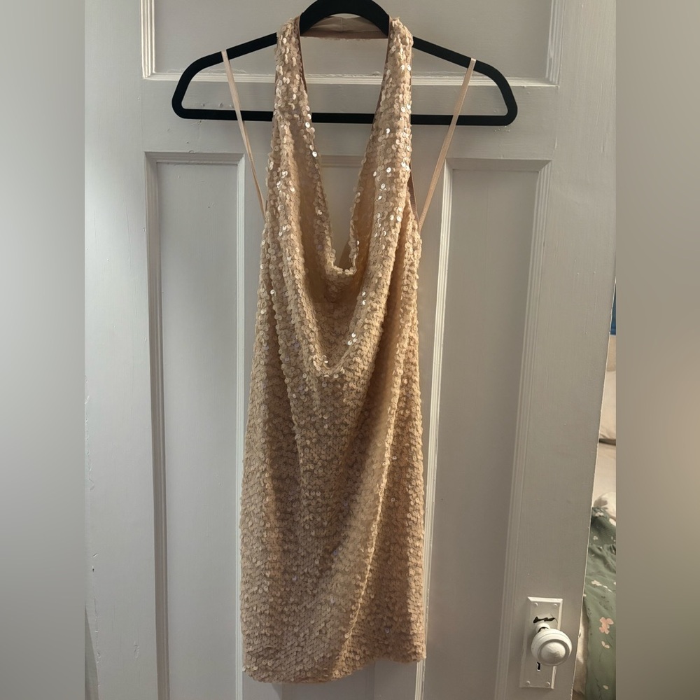 Patrizia Pepe Nude Sequin Halter Dress
